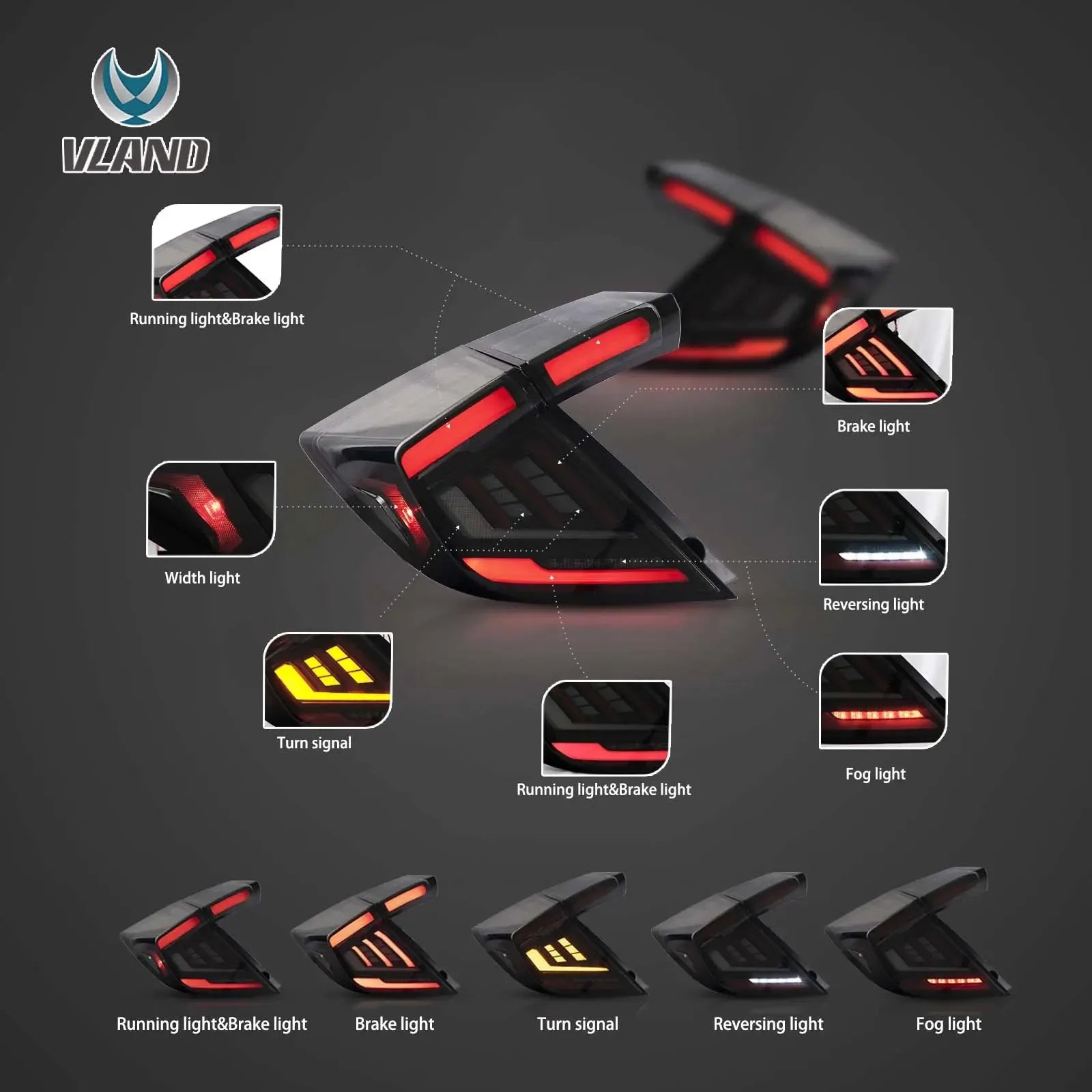 Vland 18-21 Civic 10th Gen (FK4/FK7/FK8) Hatchback II LED Tail Lights With Dynamic Welcome Lighting Smoked sayaragear