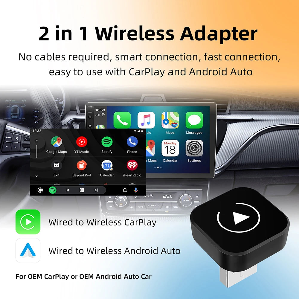 2in1 Wireless CarPlay Dongle Wireless Android Auto Adapter AI Smart Box Car Intelligent Systems For Car With Wired CarPlay sayaragear