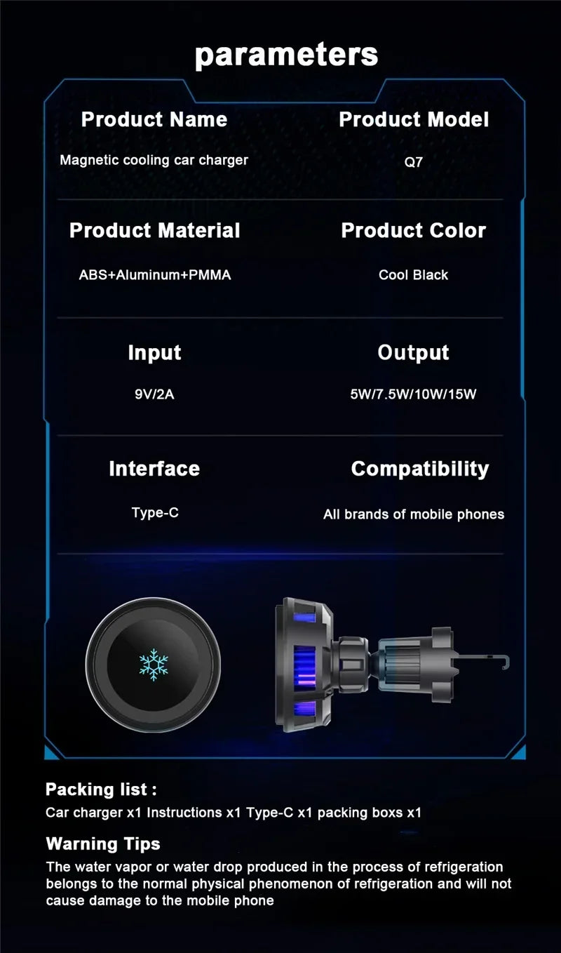 ice Cooling Magnetic Wireless Car Charger Stand for iPhone 16 15 14 13 12 Pro Max MacSafe Car Phone Holder Fast Charging Station sayaragear