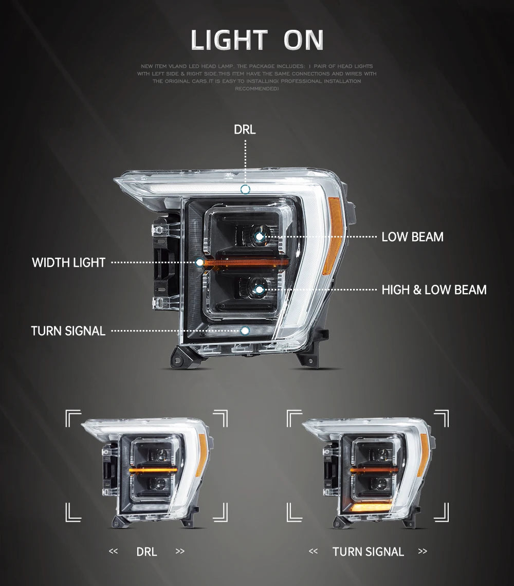 VLAND Headlamp Car Headlights Assembly FOR FORD F150 2021 LED Head Light With Moving Turn Signal Dual Beam Lens Plug-and-play sayaragear
