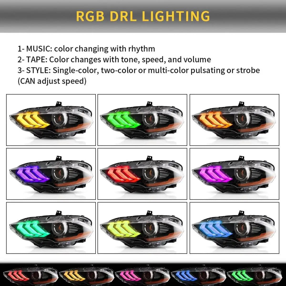 Vland 18-24 Mustang 6th Gen LED Dual Beam Projector RGB Headlights Black with DRL High Low Beam Front Headlamp Assembly sayaragear