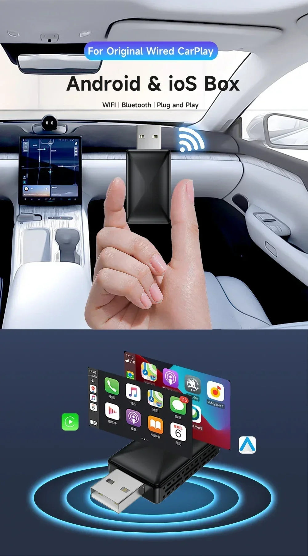 Wired To Wireless Carplay Android Auto 2in1 Wireless Adapter Carplay Wireless Adapter  for OEM Car Stereo with USB Plug and Play sayaragear