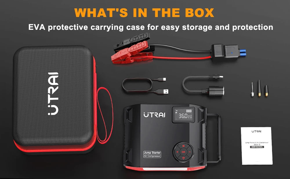 UTRAI 4 In 1 2000A Jump Starter Power Bank 16000mAh 150PSI Air Compressor Tire Pump Portable Charger Car Booster Starting Device sayaragear