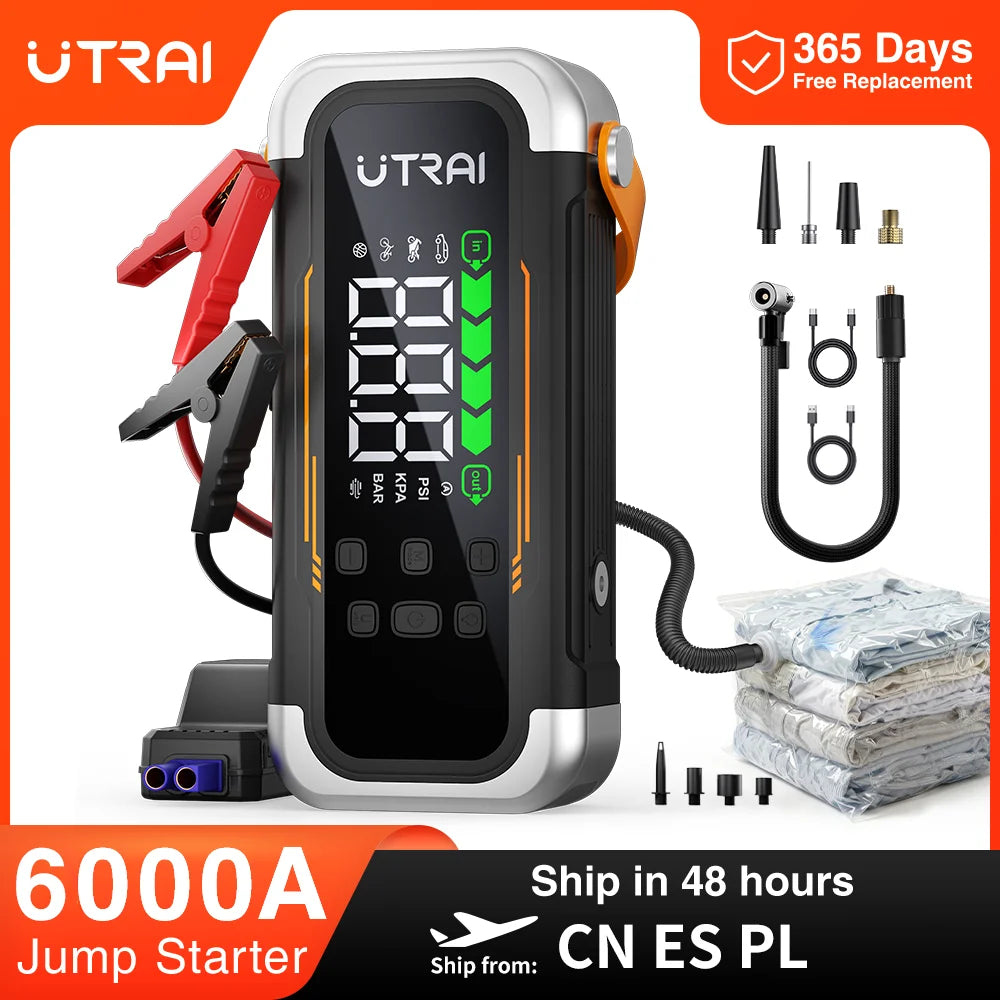 UTRAI 5 in 1 6000A Car Jump Starter 150PSI Air Pump PD30W Power Bank High-speed Airflow Dualmode For kayakingCar Battery Booster sayaragear