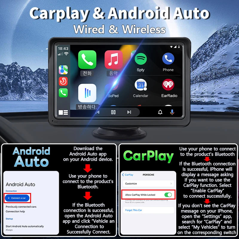 Hippcron 7inch Car Radio Multimedia Video Player Wireless Carplay And Wireless Android Auto Portable Universal Touch Screen sayaragear