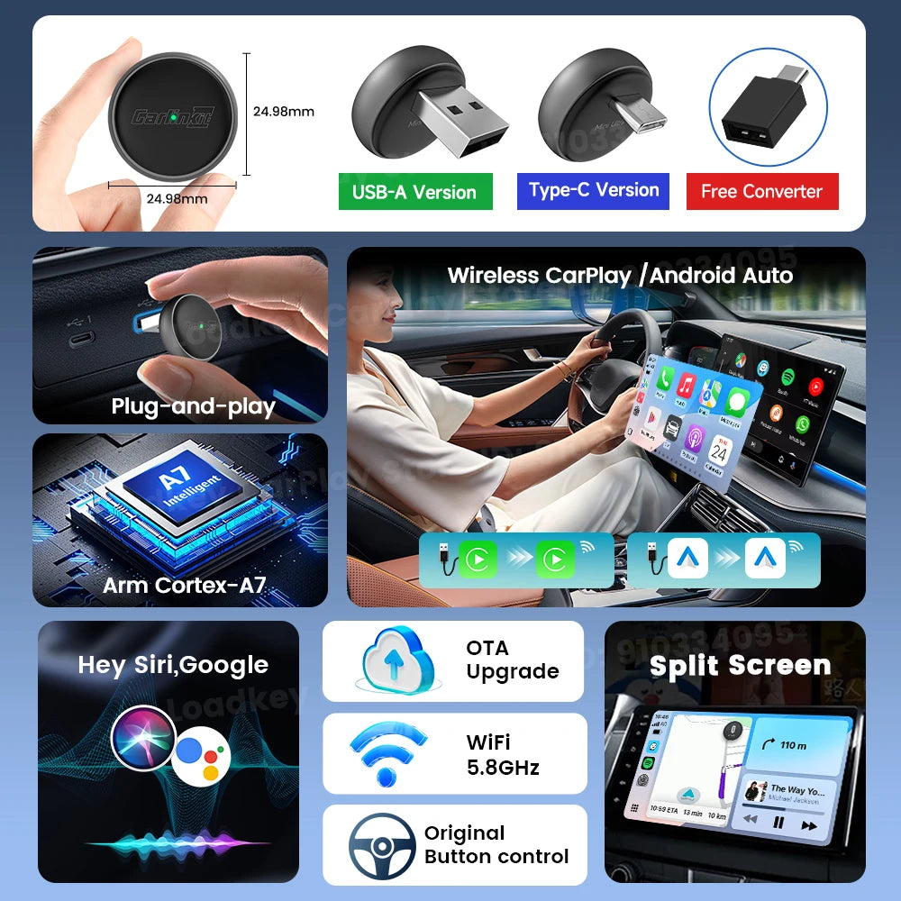 New CarlinKit Mini Ultra3 Wireless CarPlay Adapter Android Auto Wireless Dongle 2-In-1 Wireless Adapter Auto Connect 5.8G Wifi sayaragear