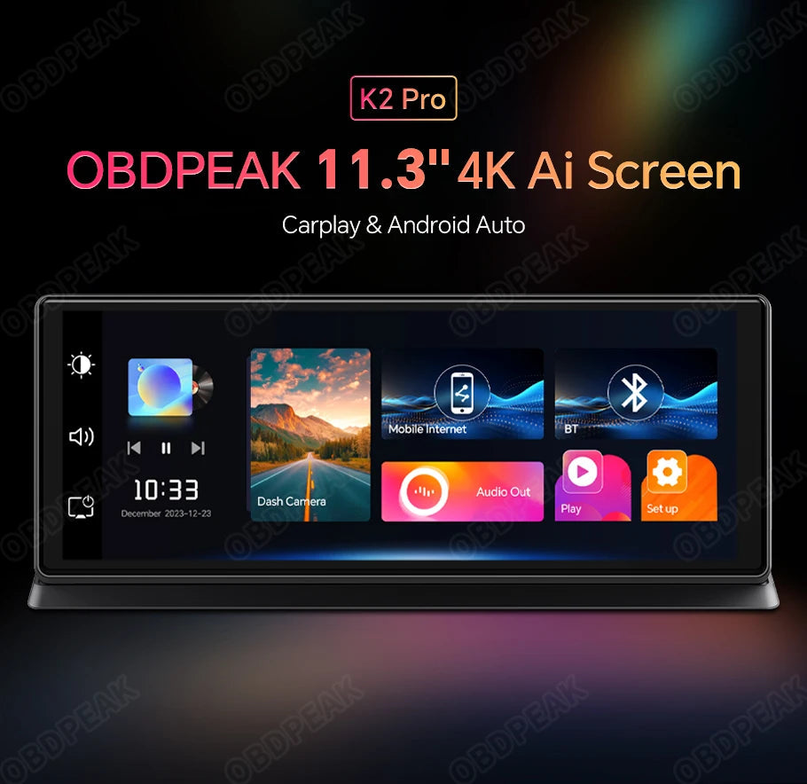K2 Pro 11.3" Car DVR 4K Camera Wireless Carplay Android auto Ai Screen Dash Cam Dual Len Video Recorder GPS Navigation Dashboard sayaragear