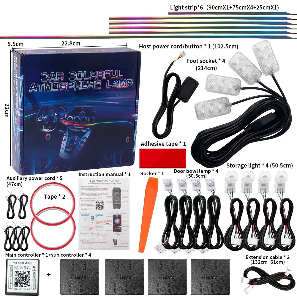 18 in 1 Dual Zone Symphony Streamer Car Ambient Light Interior LED Full Color RGB Neon Acrylic Strip Atmosphere Lighting Kit App sayaragear
