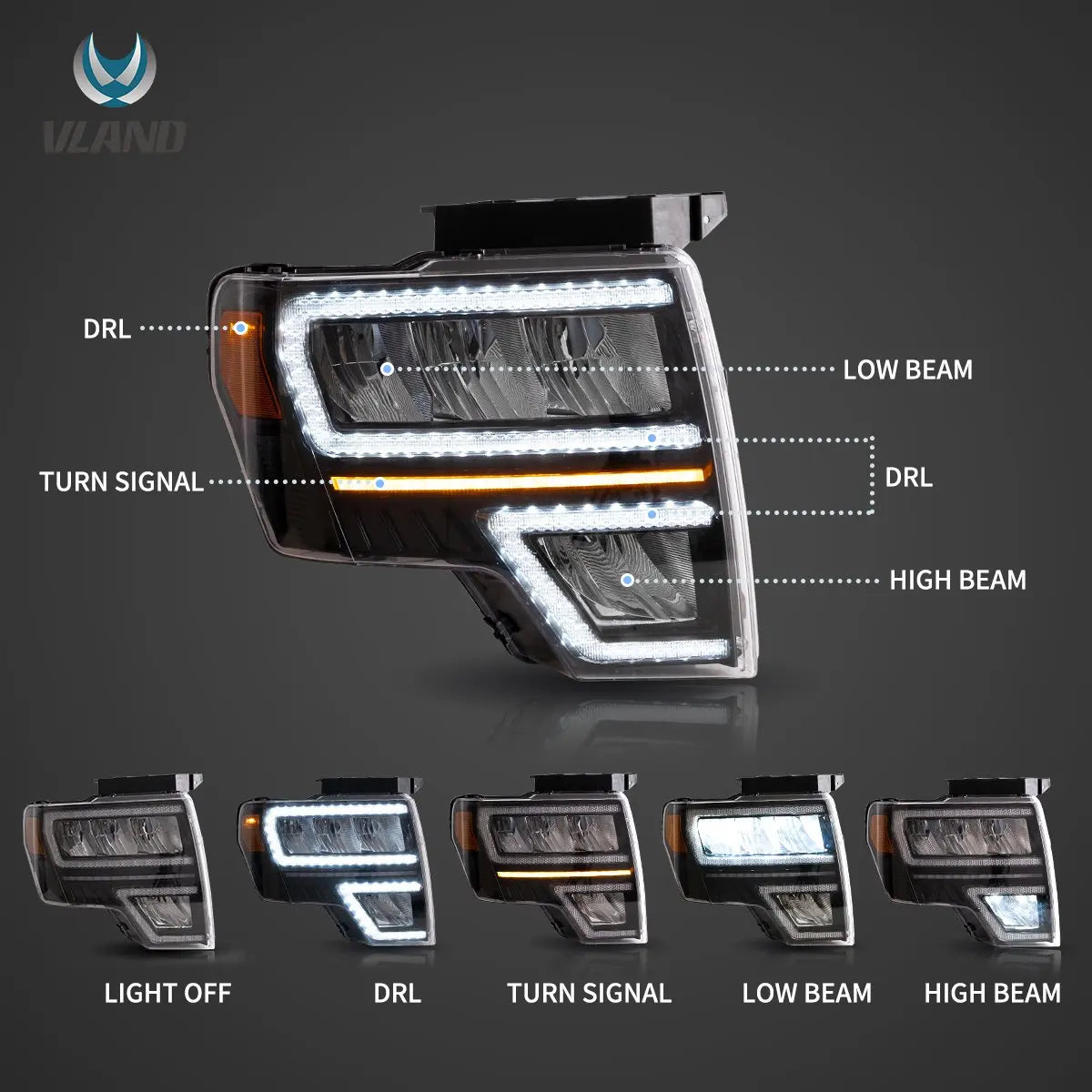 Vland 09-14 Ford F150 12th Gen LED Reflection Bowl Headlights Replacement Assembly sayaragear