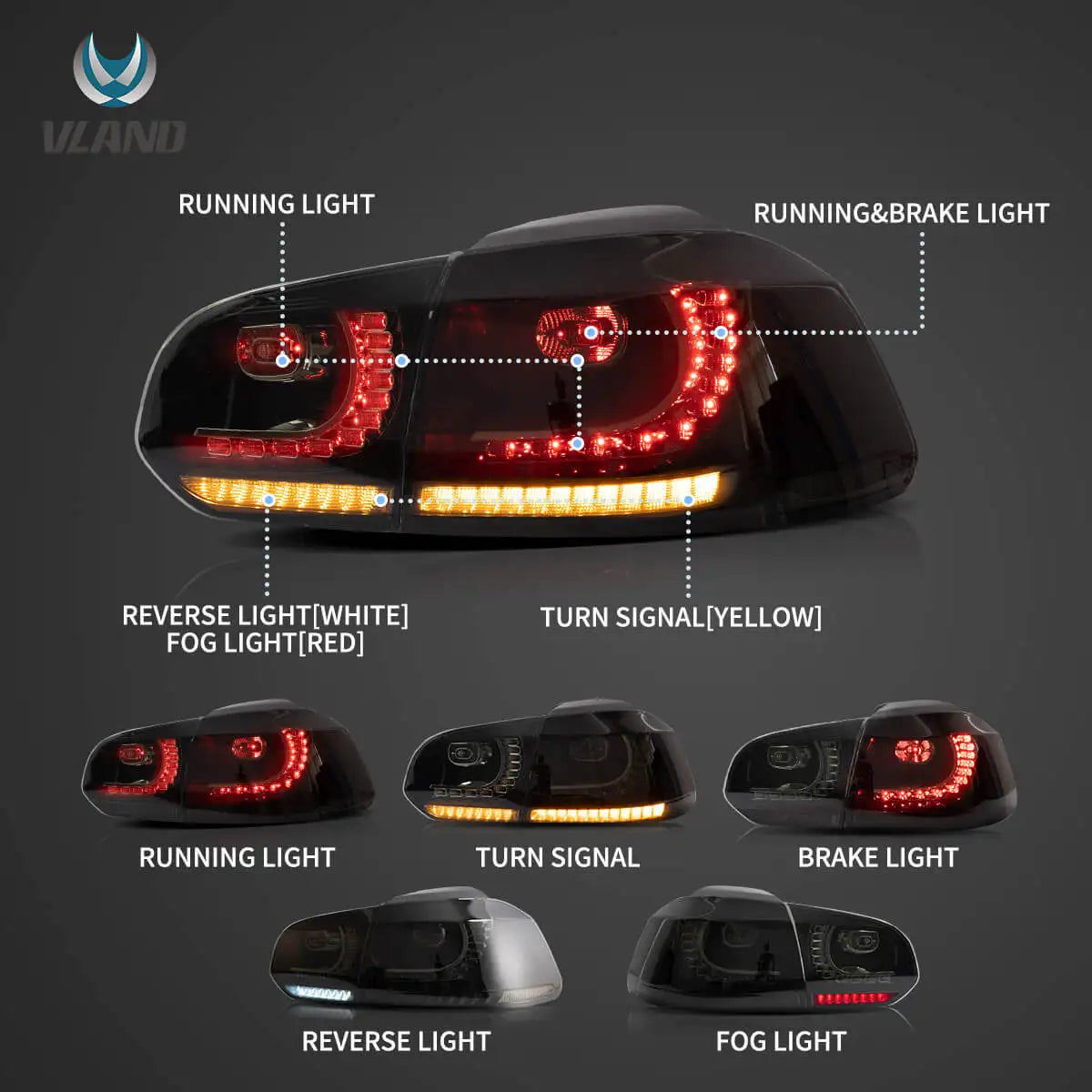 Vland 08-14 Golf 6th Gen Mk6 Hatchback LED Aftermarket Tail Lights With Amber Sequential Turn Signal sayaragear