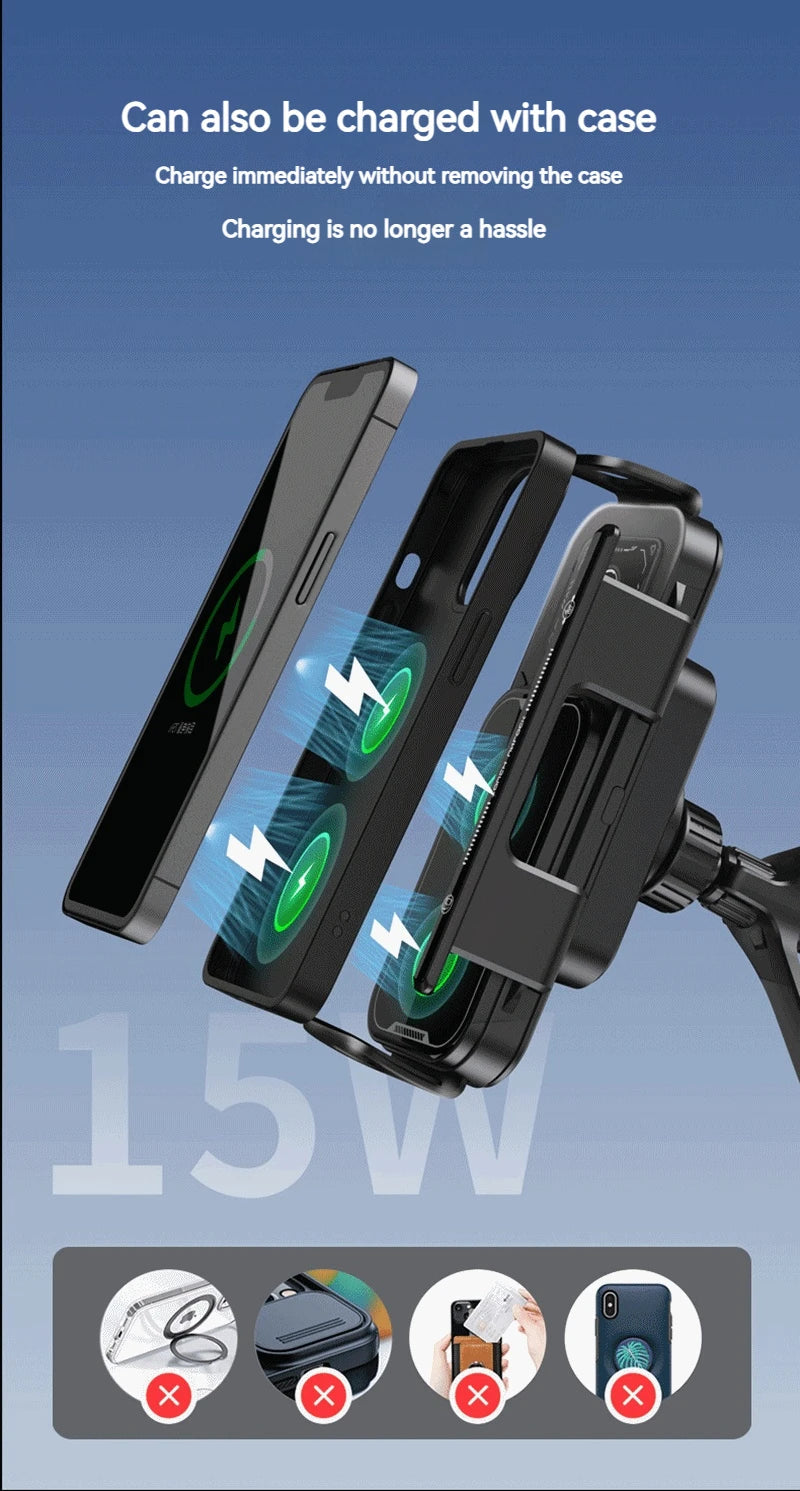15W Universal Car Phone Wireless Charger Holder 360° Rotation Mount for Samsung Galaxy Fold 6 5 4 3 Z Flip S25 S24 iPhone 16 15 sayaragear