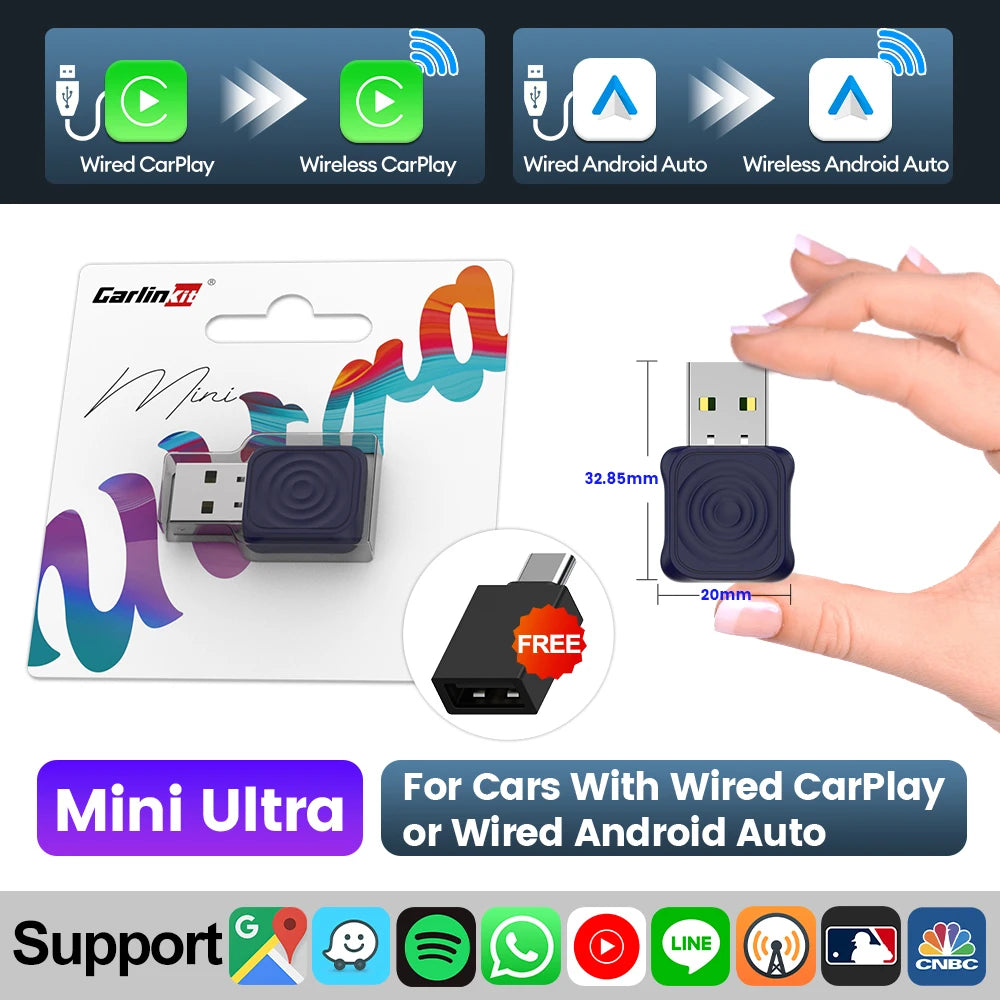 2026 Carlinkit 2-In-1 Android Auto Wireless Carplay Adapter Smart Mini Ultra Bt Wifi Usb Dongle For Toyota Volvo Benz Kia Mazda sayaragear