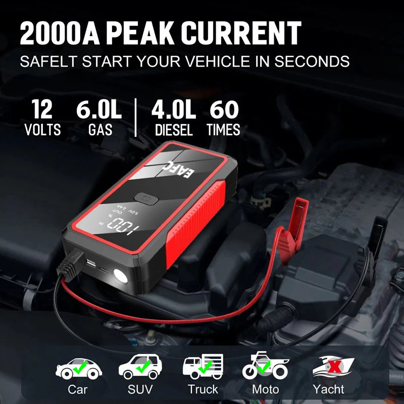 2000A Portable MultiFunction Emergency Booster Car Emergency Mobile Power Battery Charger 12V Car Jump Starter with LED Light sayaragear
