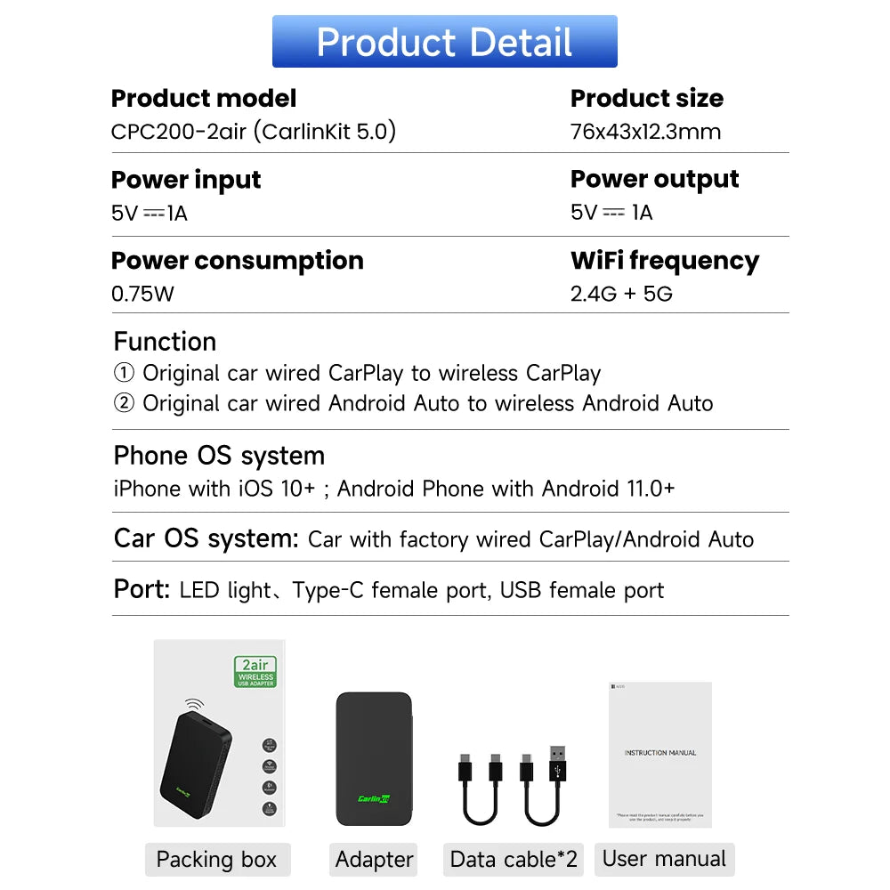 Carlinkit 5.0 2air Carplay Wireless Android auto Wireless Adapter for Toyota Mazda Ford Vw Peugeot Skoda Kia Haval Wifi BLE sayaragear