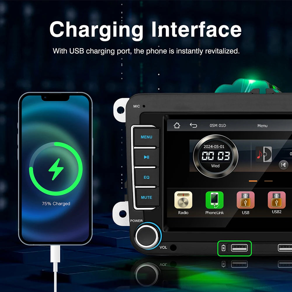 7 Inch Car Stereo For VW Touchcreen BT AM/FM Radio Receiver with Android Auto Carplay USB Charge Support Hands-Free Calling sayaragear