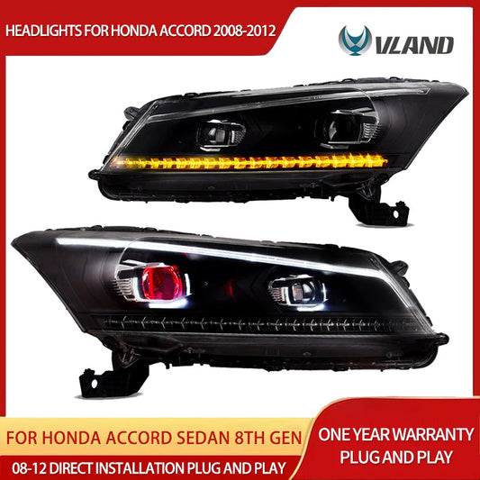 VLAND Projector Headlights Black for 2008-2012 Honda Accord Sedan 8th Generation, Stylish Replacement Front Lamp Assembly sayaragear