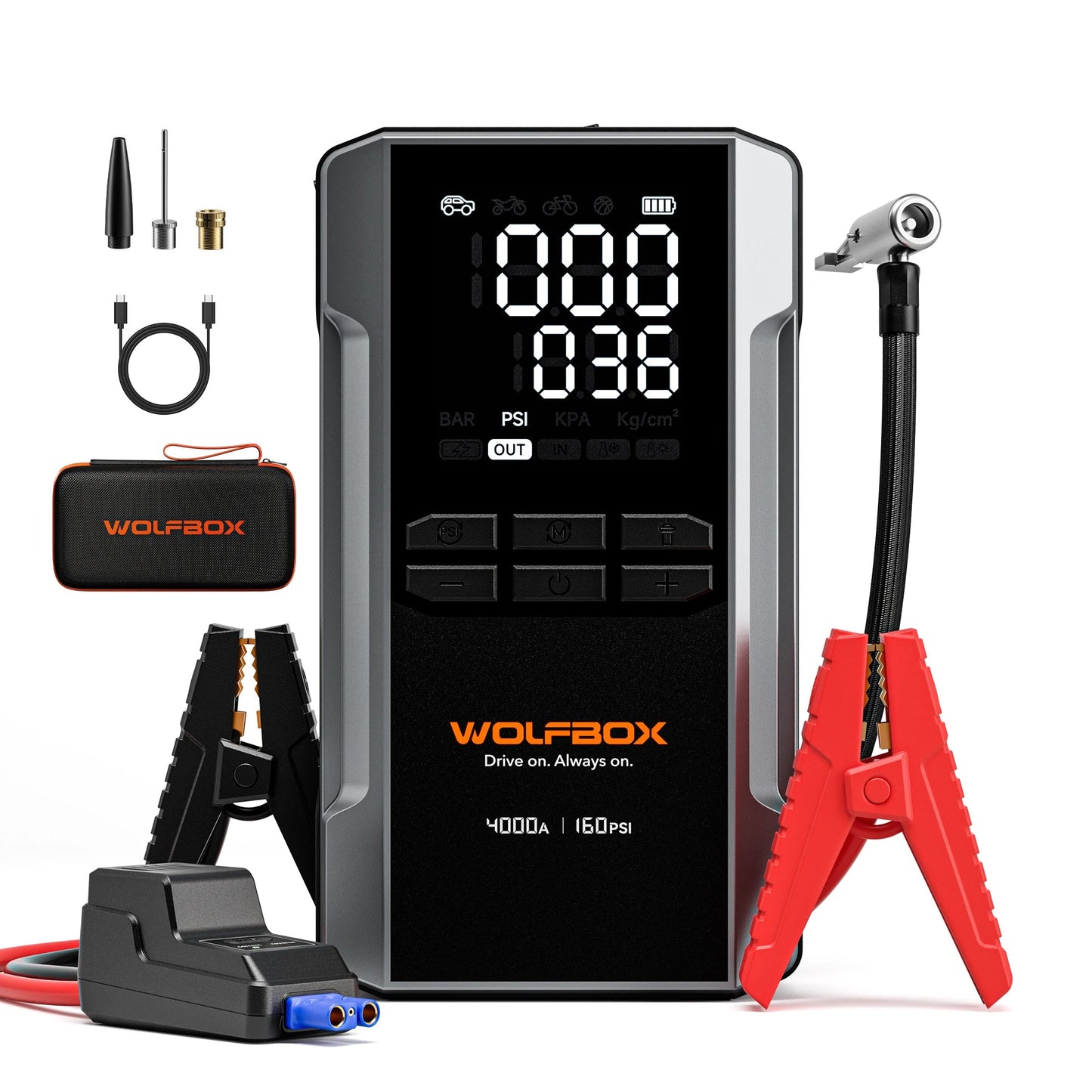 WOLFBOX 4000A Jump Starter with 160PSI Air Compressor, 12V Car Battery Booster, 65W Fast Charge, 24000mAh Portable Tire Inflator sayaragear