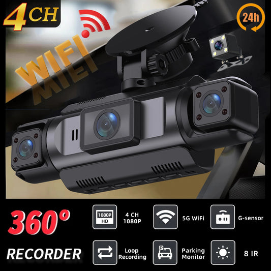 Car Dash Cam 4 Channel Black Box WiFi Driving Camera FHD 1080P Front Left Right Rear Night Vision Loop Recording add Hardwirekit sayaragear