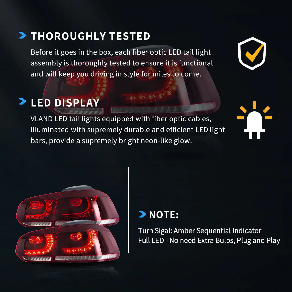 Vland 08-14 Golf 6th Gen Mk6 Hatchback LED Aftermarket Tail Lights With Amber Sequential Turn Signal sayaragear