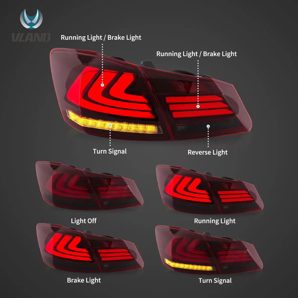 Vland 13-17 Accord 9th Gen Sedan LED Tail Lights With Sequential Turn Signal sayaragear