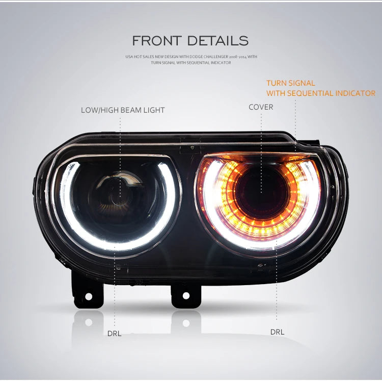 VLAND Car Headlights Assembly For Dodge Challenger 2008-2014 Head Light Moving Turn Signal Light DRL Dual Beam Lens Colourful sayaragear