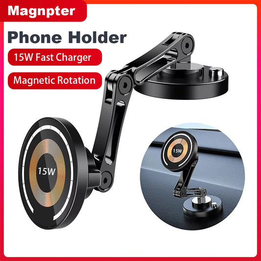 15W Magnetic Car Phone Holder Mount Wireless Charger Rotation Magnetic Car Phone Stand Fast Charging for IPhone 16 15 14 13 12 sayaragear