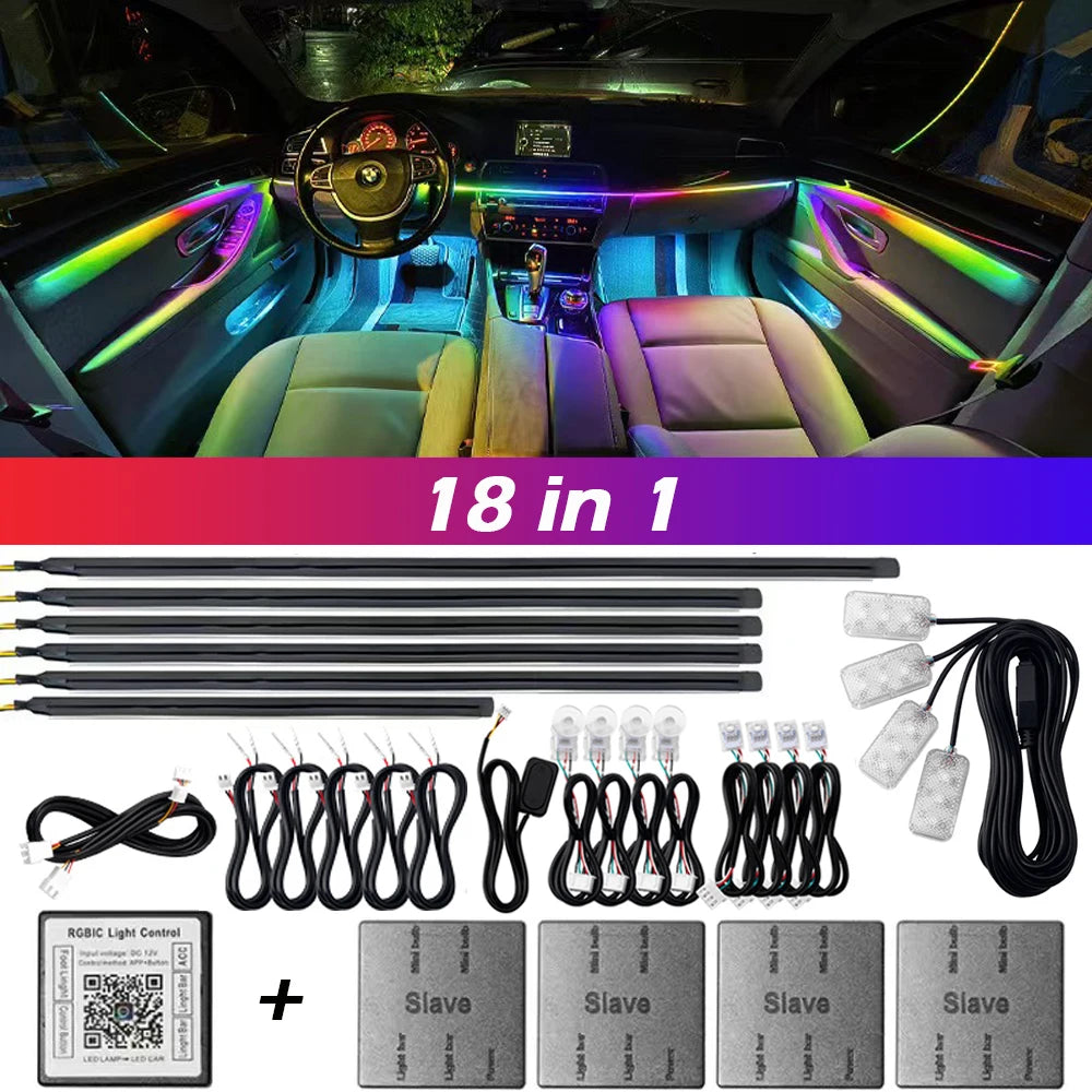 18 in 1 Dual Zone Symphony Streamer Car Ambient Light Interior LED Full Color RGB Neon Acrylic Strip Atmosphere Lighting Kit App sayaragear