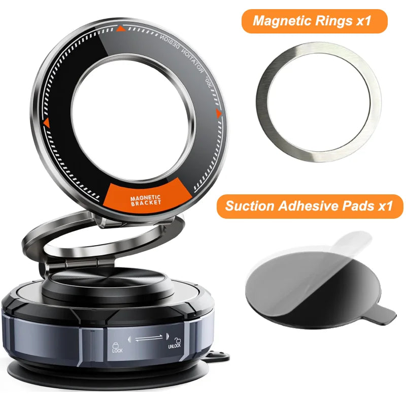 Alloy Magnetic Car Phone Holder Vacuum Suction Mount with 3 Rings 360 Rotation for Car Windshield Dashboard for iPhone Samsung sayaragear