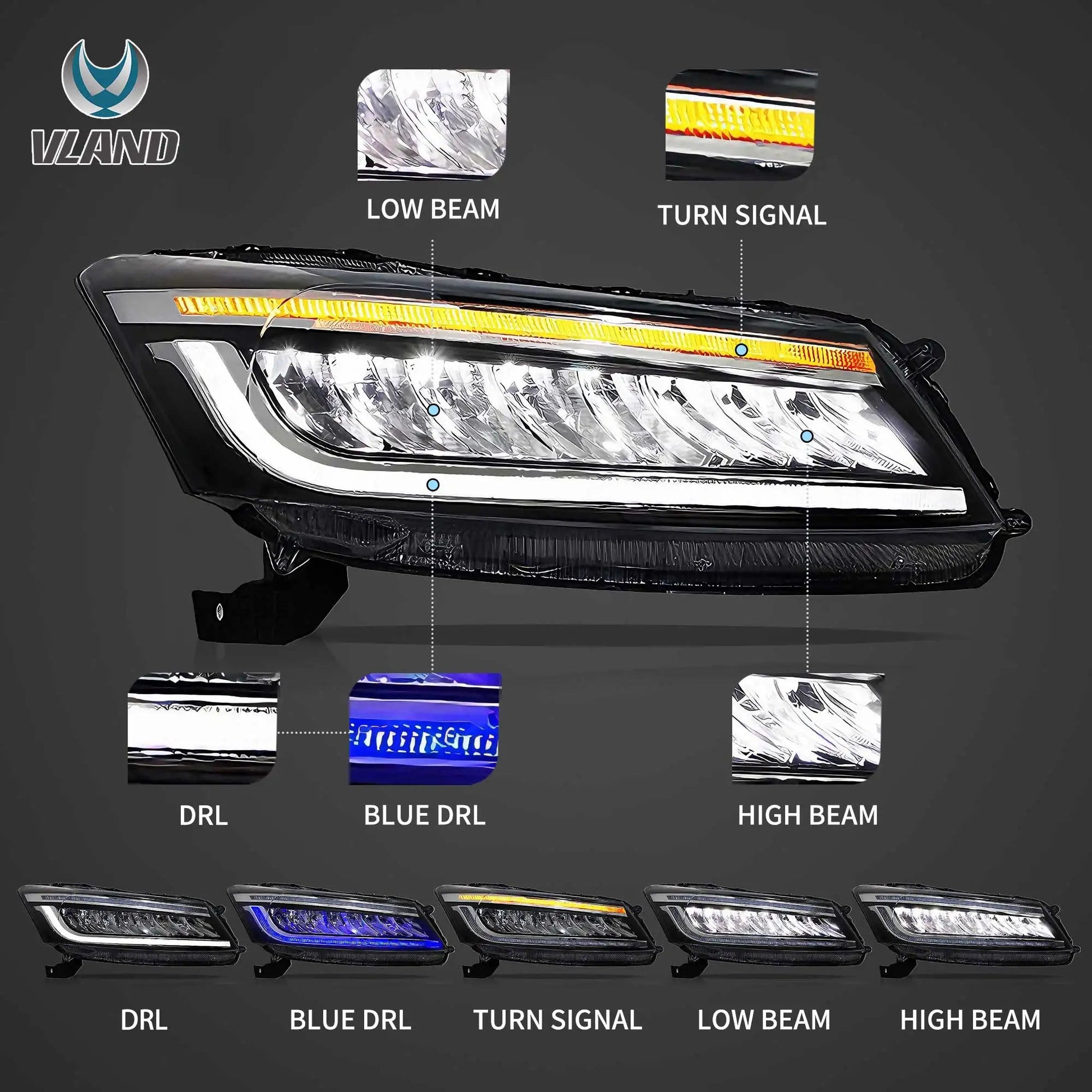 VLAND 2008-2012 Sedan 8th Gen LED Dual Beam Projector Headlights Assembly sayaragear