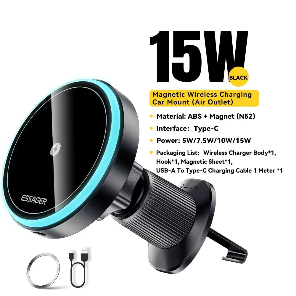 Essager 15W Magnetic Wireless Car Phone Holder Adjustable 360 degrees Car Charger For iPhone15 14 13 Pro Samsung Universal Phone sayaragear