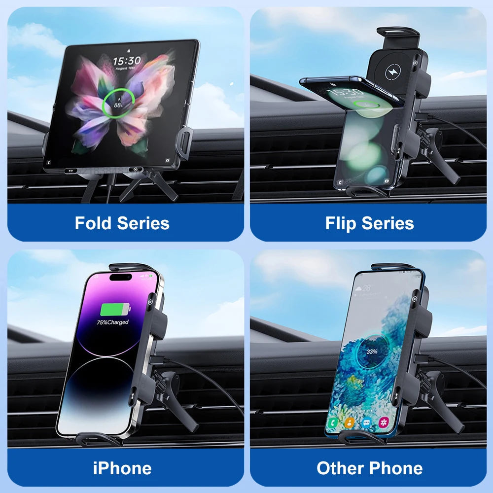 Car Wireless Charger Dual Coil Fold Screen Phone Fast Charging For Samsung Galaxy Z Fold 5 6 Flip 3 4 Air Vent Car Phone Holder sayaragear