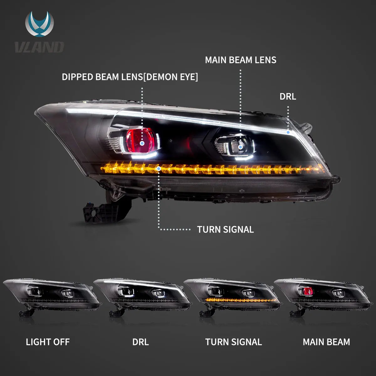 VLAND Projector Headlights Black for 2008-2012 Honda Accord Sedan 8th Generation, Stylish Replacement Front Lamp Assembly sayaragear