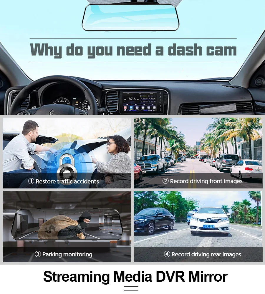10'' Rearview Mirror Dash Cam Front & Rear 1080P Dual Recording, Backup Camera, 24H Parking Monitor, Night Vision for Cars sayaragear