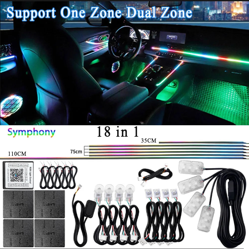 14/18 in 1 Led Acrylic Car Ambient Light RGB 64 213 Color Symphony Acrylic APP Streamer Atmosphere Lamp Kit One Zone Dual Zone sayaragear