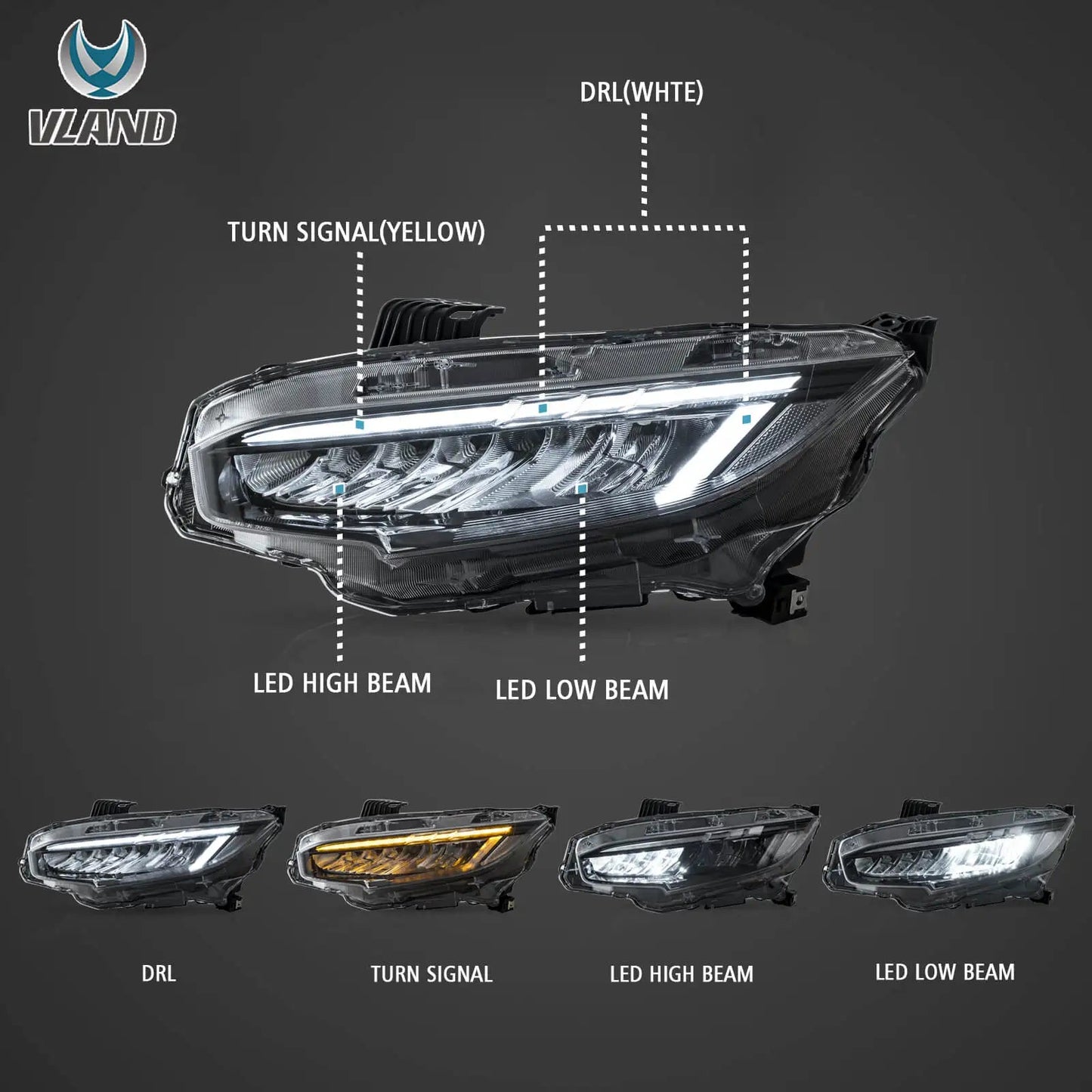 Vland 16-21 Civic 10th Gen LED Reflection Bowl Headlights Chrome sayaragear