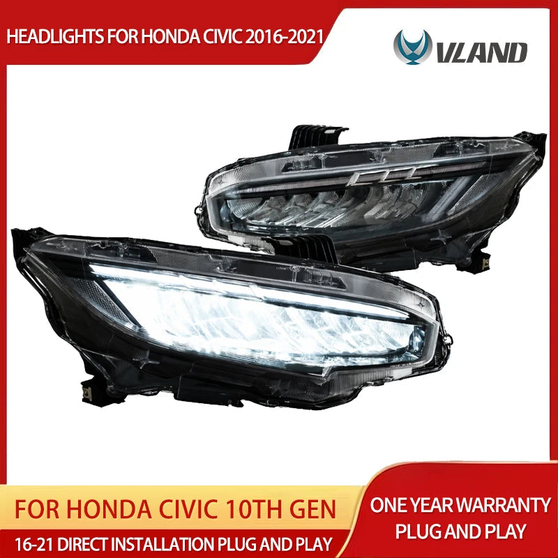 Vland 16-21 Civic 10th Gen LED Reflection Bowl Headlights Chrome sayaragear