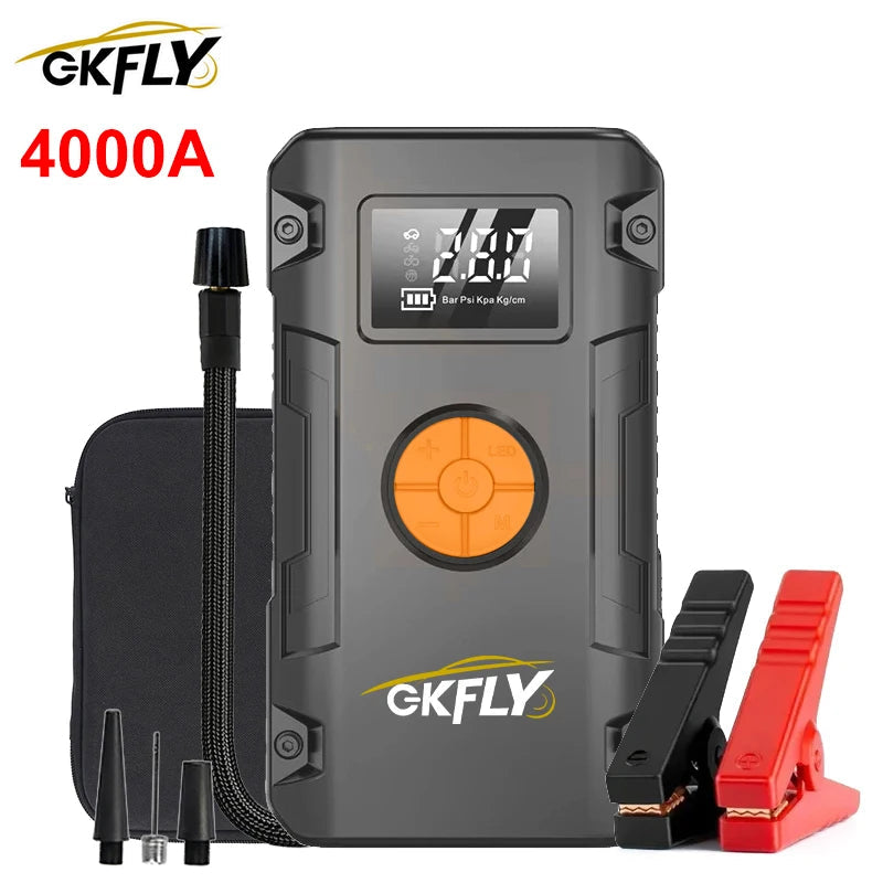 GKFLY Jump Starter 4 in 1 Pump Air Compressor 4000A Power Bank 12V Digital Tire Inflator 150PSI Emergency Battery Booster sayaragear