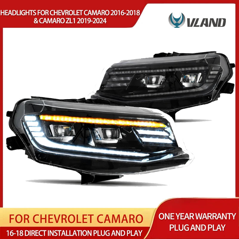 VLAND 16-18 Camaro & 19-24 Camaro ZL1 Black LED Dual Beam Projector Headlights W/ Start-up Animation sayaragear