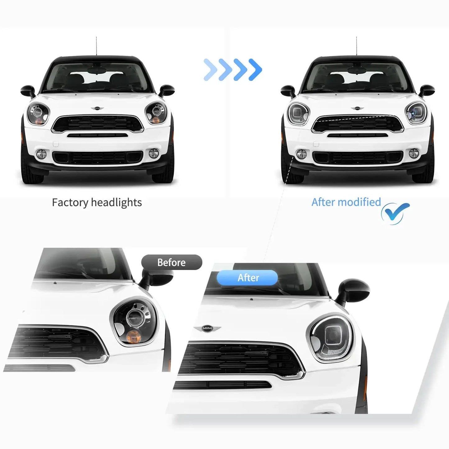 Vland 10-16 Countryman R60 Full LED Dual Beam Projector Headlights with DRL High Low Beam Front Headlamp Assembly sayaragear