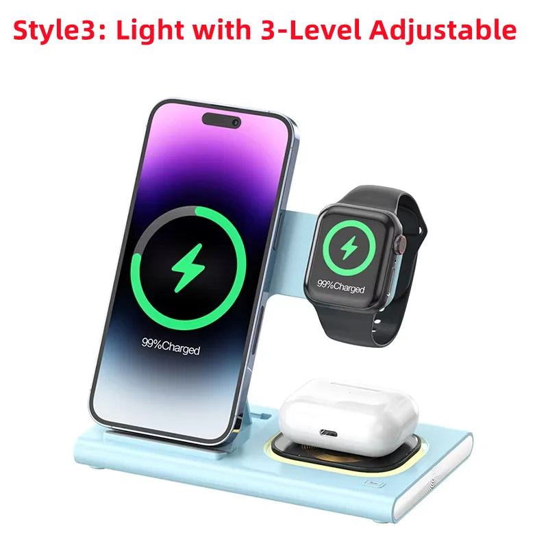 3 in 1 Wireless Charger Stand Pad Foldable Fast Charging Station Dock For iPhone 17 16 15 14 13 12 11 X 8 Apple Watch Airpods sayaragear