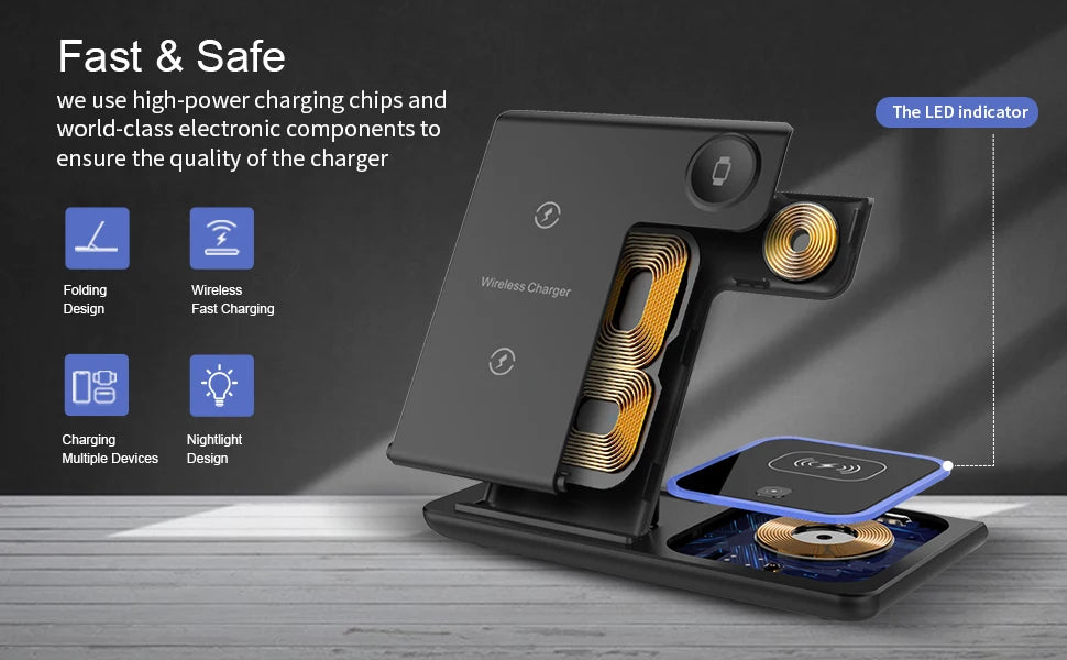 3 in 1 Wireless Charger Stand Pad Foldable Fast Charging Station Dock For iPhone 17 16 15 14 13 12 11 X 8 Apple Watch Airpods sayaragear