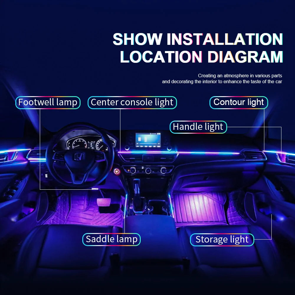 18 in 1 Dual Zone Symphony Streamer Car Ambient Light Interior LED Full Color RGB Neon Acrylic Strip Atmosphere Lighting Kit App sayaragear