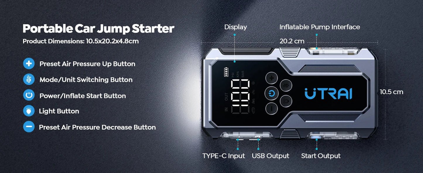 UTRAI 1500A Car Jump Starter Power Bank Portable 150PSI Air Pump Car Battery Emergency Boosters Starting Device Car Starter 2024 sayaragear