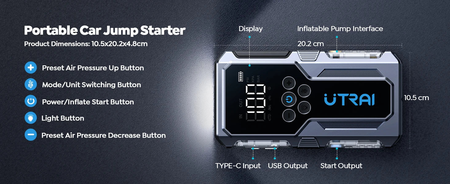 UTRAI 1500A Car Jump Starter Power Bank Portable 150PSI Air Pump Car Battery Emergency Boosters Starting Device Car Starter 2024 sayaragear