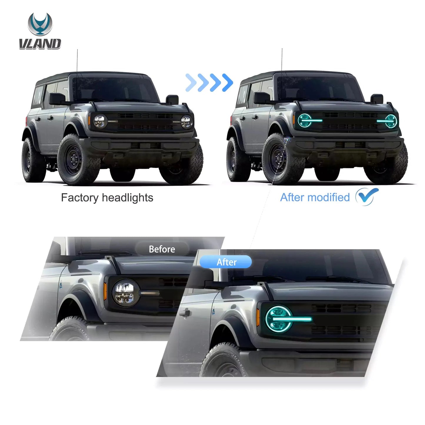 Vland 20-24 Bronco Full LED Projector RGB Headlights Assembly Upgrade sayaragear