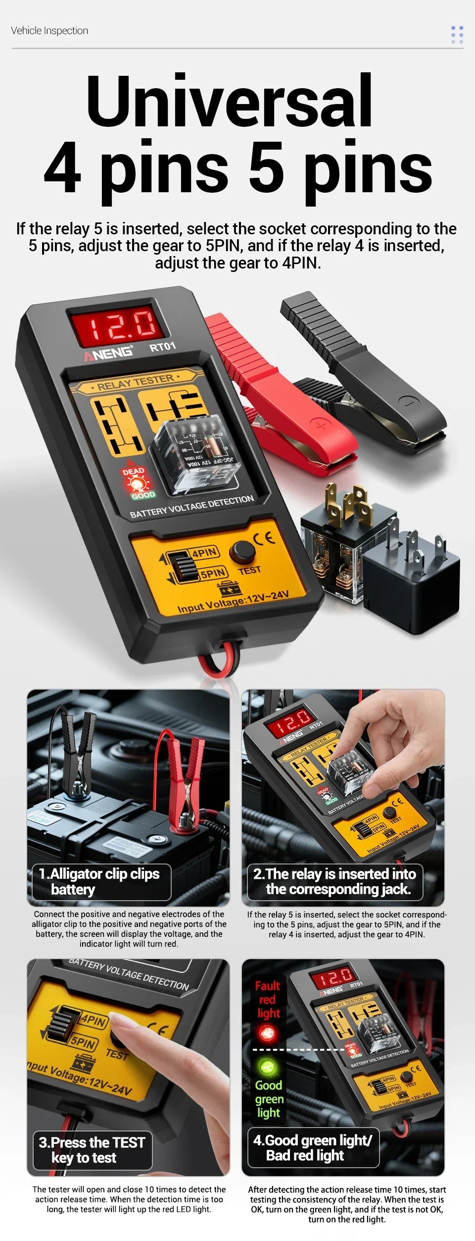 ANENG 11-25V Relay Detector RT01 Digital Universal 4/5 Pins Car Battery Vehicle Detection Digital Display Voltage Battery Tester sayaragear