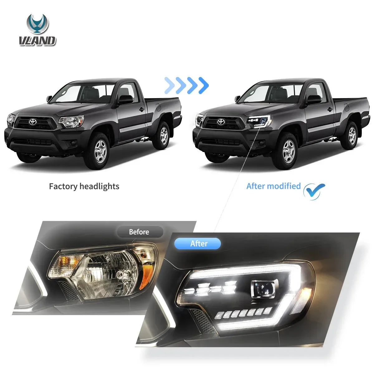 Vland 12-15 Tacoma Full LED Dual Beam Projector Headlights Black sayaragear