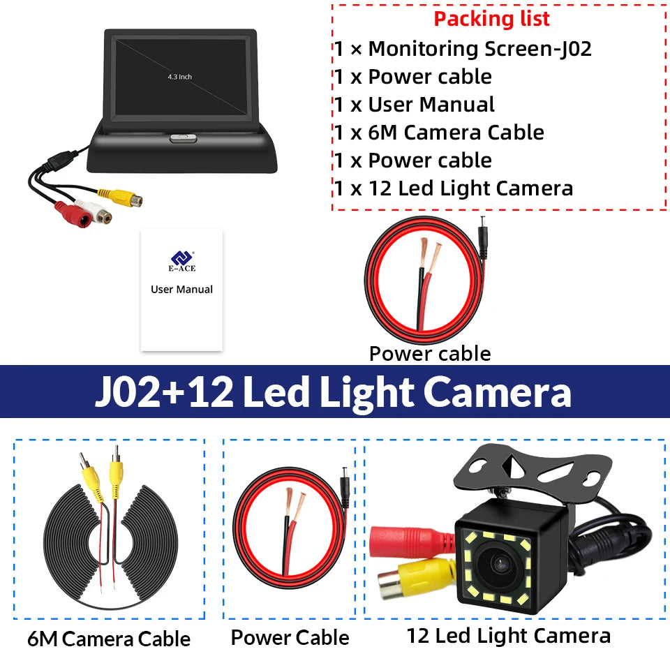 E-ACE 4.3" Car Rear View Camera Monitor Folding Easy Installation Car Parking System Camera Automotive Electronic Accessories sayaragear