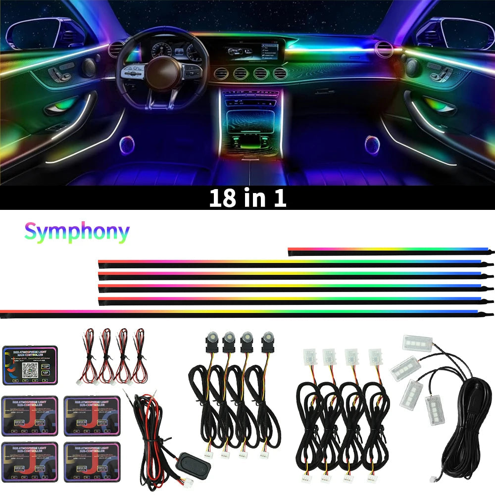 6/10/18 in 1 Car Ambient Light 64 Colors RGB Symphony Interior Acrylic LED Strip Light Hidden Music APP Control Atmosphere Lamp sayaragear