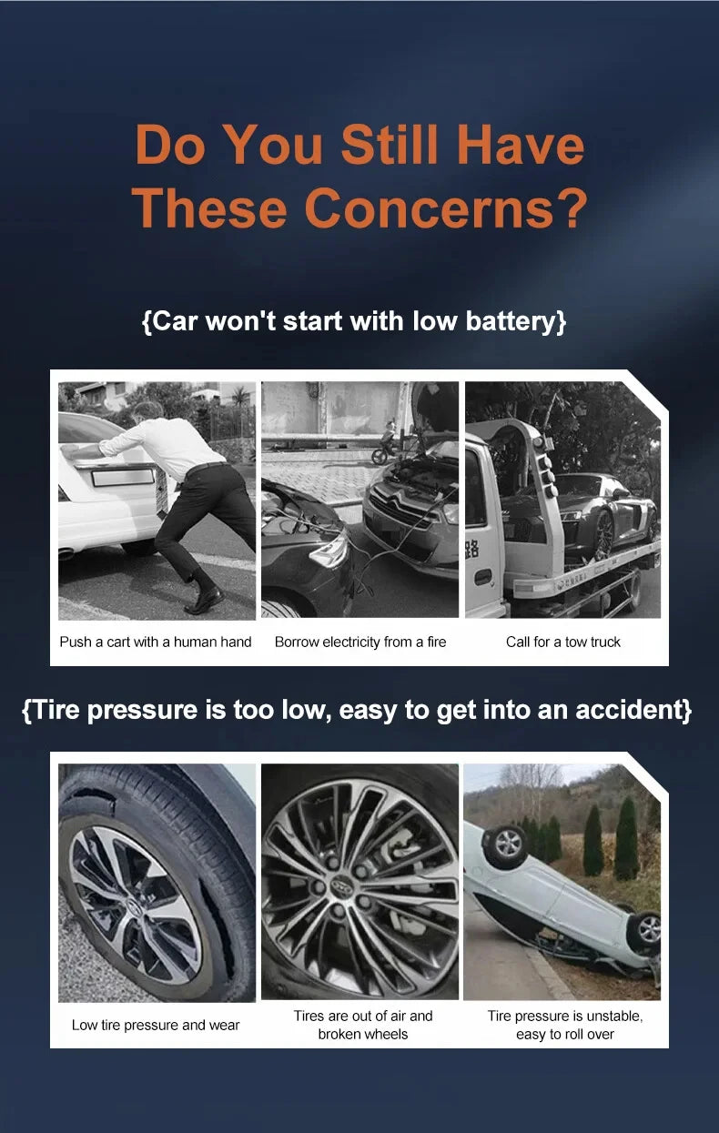 12V Car Jump Starter 4 In 1 Car Wireless Tire Inflator Pump Air Compressor Power Bank Potable Battery Starting Fast Charging sayaragear